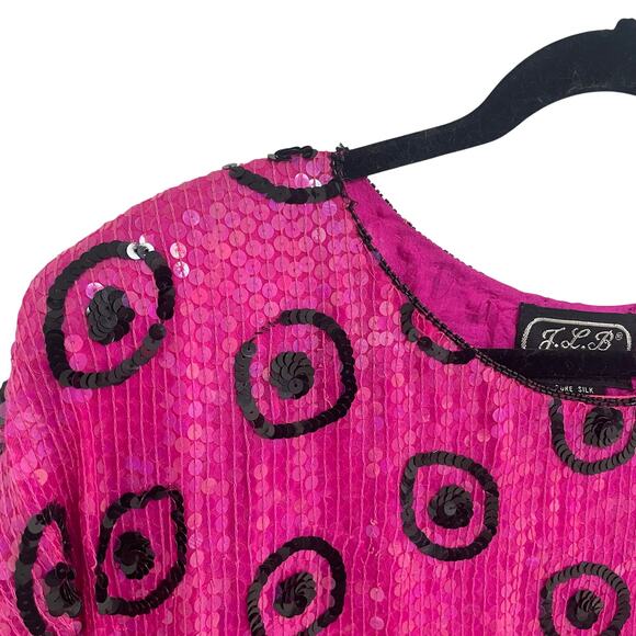 Vintage JLB Pure Silk Pink Black Polka Dot Sequin Embellished Top Medium AS IS - Picture 4 of 7